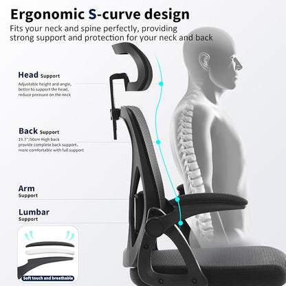 Office Chair,Ergonomic Desk Chair with Adjustable Lumbar Support,400 Lbs Mesh Computer Chair High Back with Headrest for Home Office (Black)