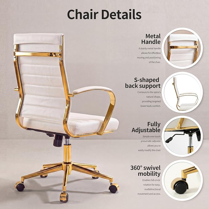 Okeysen Gold Office Desk Chair, Ergonomic Leather Modern Conference Room Chairs, Executive Ribbed Height Adjustable Swivel Rolling Golden Chair for Home Office.