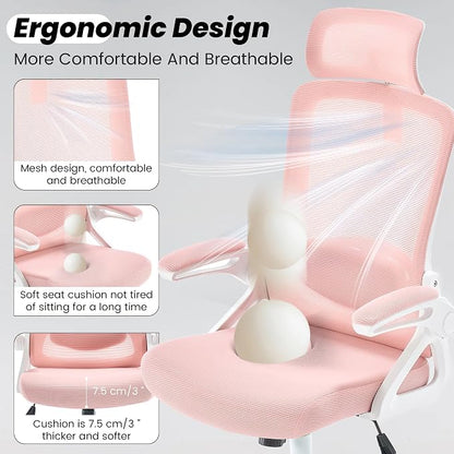 Fizzin Ergonomic Office Chair, 400 LBS Desk Chair with Adjustable Lumbar Support, High Back Breathable Mesh Computer Chair Rolling Work Swivel Task Chairs, Comfy Home Office Desk Chair (Pink)