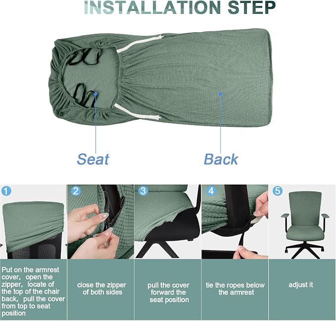 Tatuo 3 Pcs Computer Office Chair Cover Universal Rotating Chair Slipcovers Protector Removable Washable Office Armrest Covers with Zipper for High Back Seat Backrest(L,Waffle,Green)
