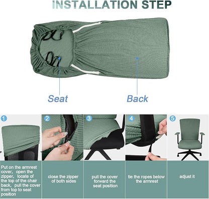 Tatuo 3 Pcs Computer Office Chair Cover Universal Rotating Chair Slipcovers Protector Removable Washable Office Armrest Covers with Zipper for High Back Seat Backrest(L,Waffle,Green)