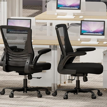 Ergonomic Office Chair – Comfy Mesh Desk Chair with Flip-Up Armrests & Smooth-Rolling Caster, Adjustable Height Home Computer Chair, Breathable & Supportive for Long Hours Sitting