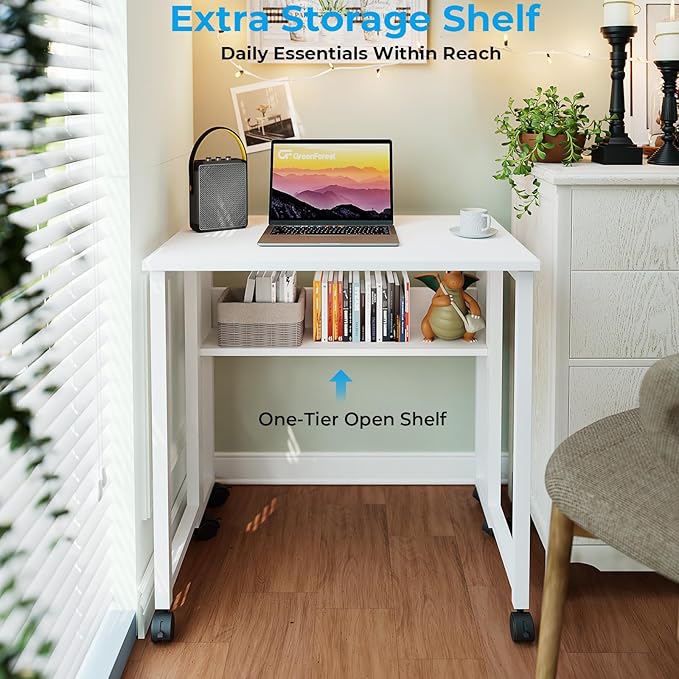 GreenForest Folding Desk with Wheels, 31.5 Inch Compact Rolling Computer Table with Storage Shelf, Portable Mobile Workstation for Small Spaces, Easy Assembly, Pure White
