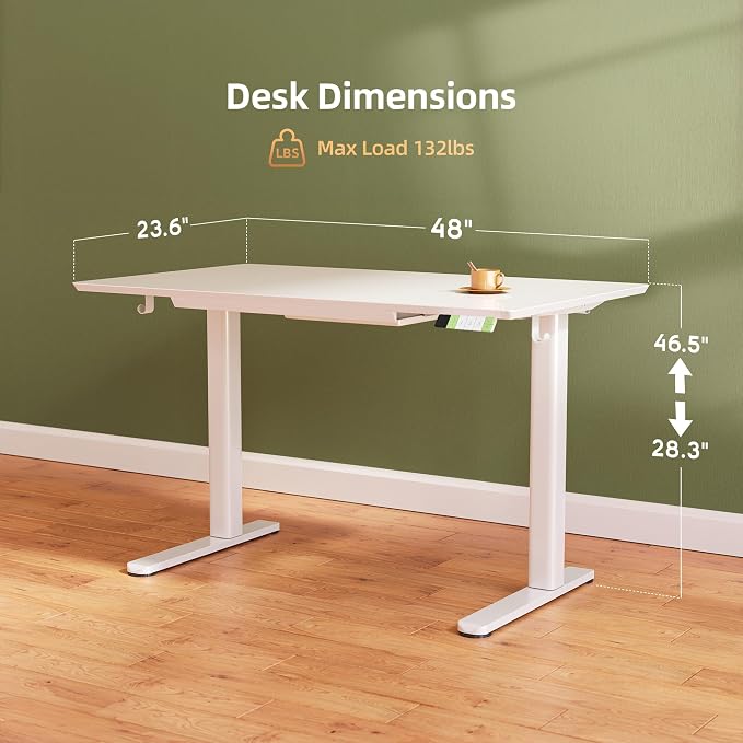 INNOVAR INNVAR Glass Standing Desk with Drawers, 48×24 Inch Adjustable Stand Up Desk Quick Install Home Office Computer Desk, Super White