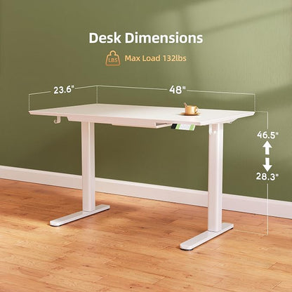 INNOVAR INNVAR Glass Standing Desk with Drawers, 48×24 Inch Adjustable Stand Up Desk Quick Install Home Office Computer Desk, Super White