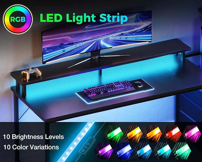 AODK 59 Inch Gaming Desk with LED Light- Reversible Computer Desk with Storage Shelves & Monitor Stand, Fabric Drawers Fits Compact PC Towers, Black