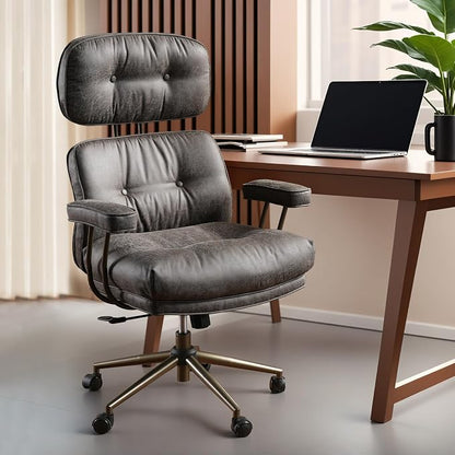ovios Ergonomic Office Chair, High Back Faux Leather Executive Chairs with Thick Cushion, Comfy Mid-Century Modern Swivel Rolling Computer Armchair (Dark Grey, Suede Leather)