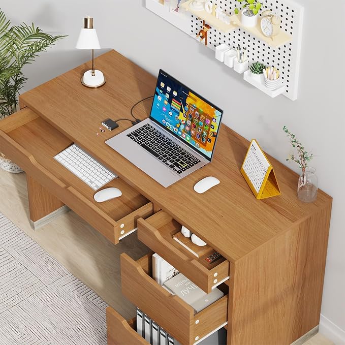 MaverickFurni 52 Inch Desk with 4 Drawers, Small Computer Desk for Small Space, Home Office Desk with Storage File Drawer for Bedroom, Brown