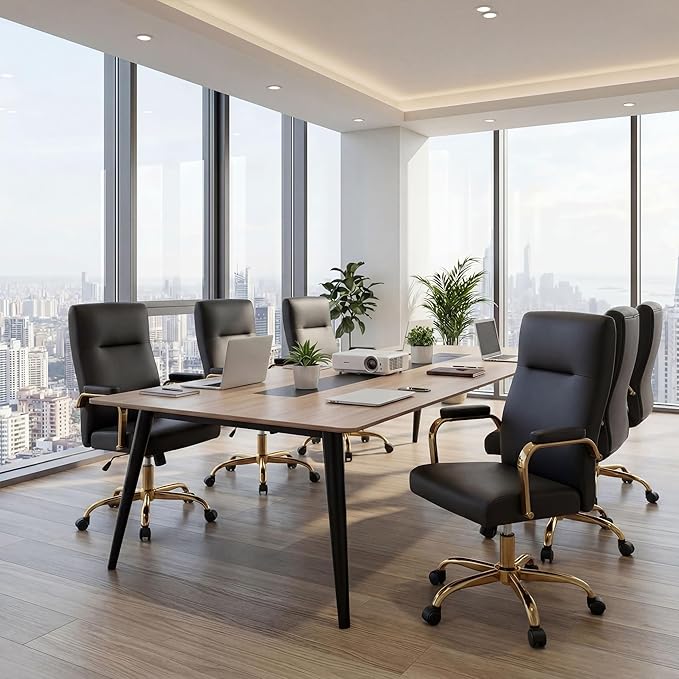Black and Gold Office Desk Chair,Leather Conference Room Chairs with Wheels,Modern High Back Executive Office Chair with Memory Foam,Ergonomic Swivel Computer Chair for Home Office