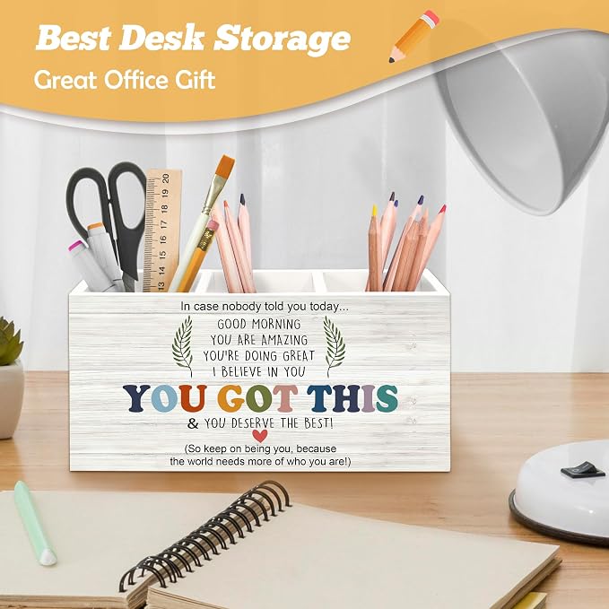 Inspirational Affirmations Pen Holder Organizer for Desk Accessories, Motivational Quote Wooden Box Sign Desk Decorations for School Office Tabletop Decor,You Got This Gift for Women