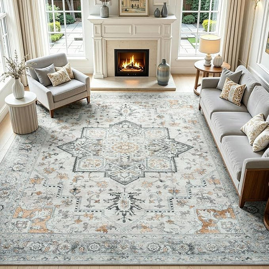 Lofus 8x10 Washable Rugs Non-Slip, Vintage Floral Area Rug for Living Room Bedroom Dining Room Kitchen, Low Pile Distress Print Carpet Home Decor Rug, Octagram Medallion Grey Beige