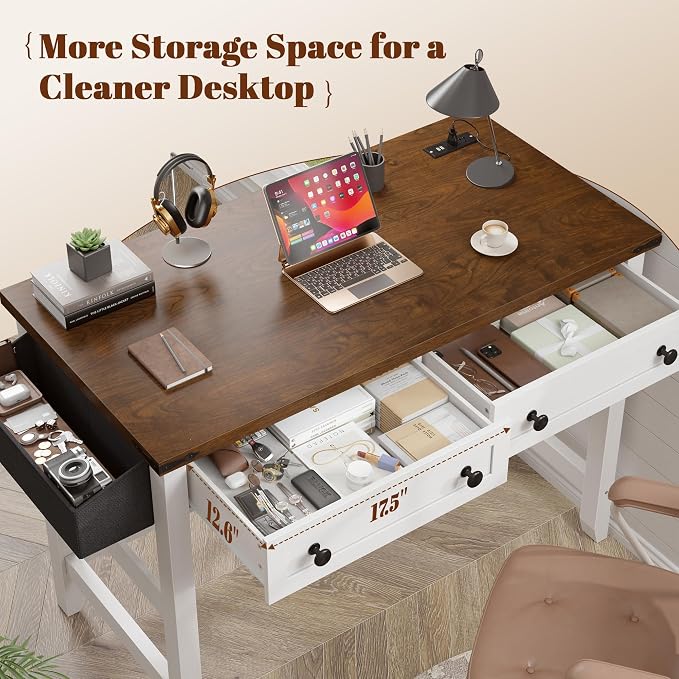 EnHomee 40" Computer Desk with Drawers, Small Desk with Power Outlets for Bedroom and Home Office, Writing Desk with Drawers and a Side Pocket, Vanity Desks for Bedroom, Brown+White
