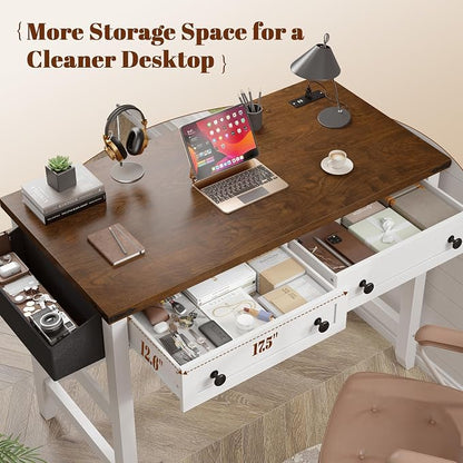 EnHomee 40" Computer Desk with Drawers, Small Desk with Power Outlets for Bedroom and Home Office, Writing Desk with Drawers and a Side Pocket, Vanity Desks for Bedroom, Brown+White