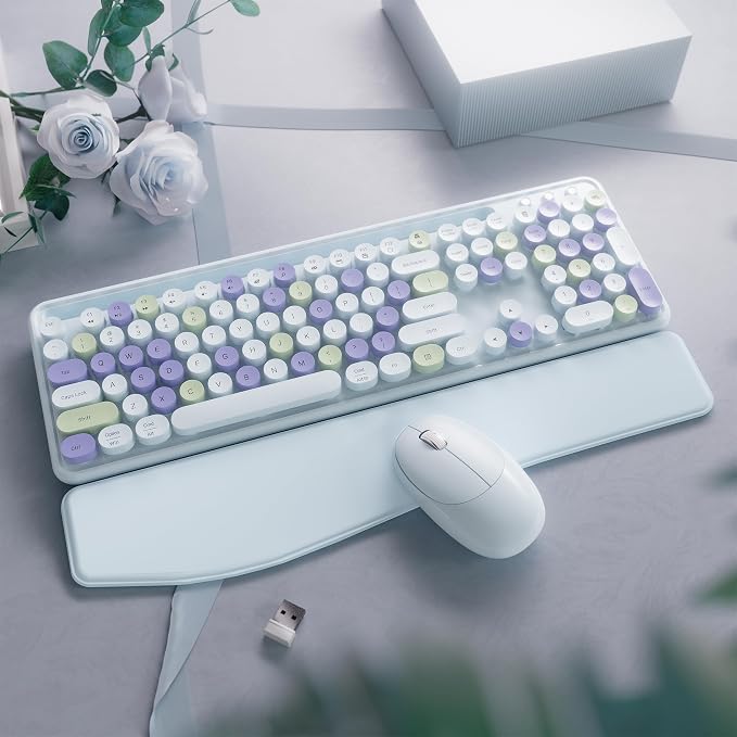 Wireless Keyboard and Mouse, Colorful 104-Key QWERTY with Round Keys, Phone Holder, Wrist Rest, Power Buttons, 2.4GHz USB for PC Laptop (Light Blue Colorful)