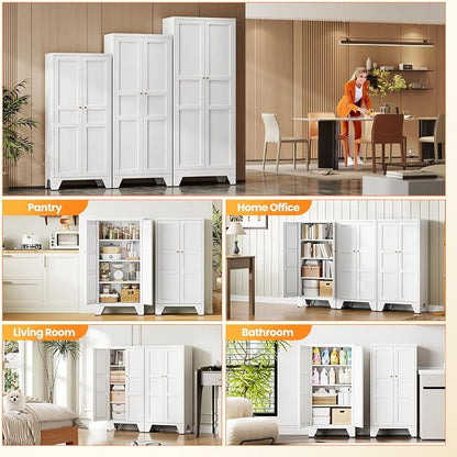 Metal White Storage Cabinet with 2 Doors and 3 Adjustable Shelves, 47.3" Tall Kitchen Pantry cabinets, Modern Food Pantry Cabinet,4 Tier Freestanding Framed Panel Door Cupboard for Kitchen Dining Room