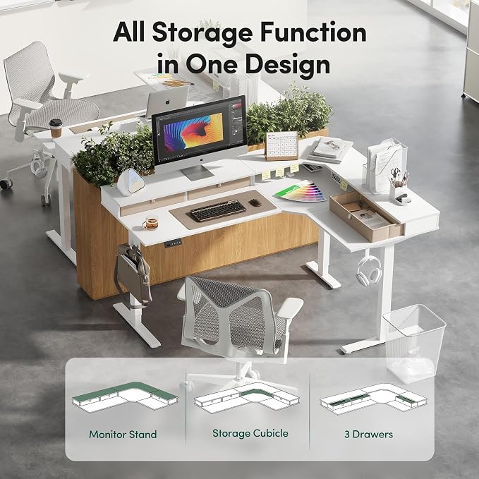 FEZIBO L Shaped Electric Standing Desk, 63 x 48 inch Large with Drawers | Reversible Tabletop, 2 Memory Height Settings | Home Office & Gaming Height-Adjustable Table, Warm White（2 Packages）