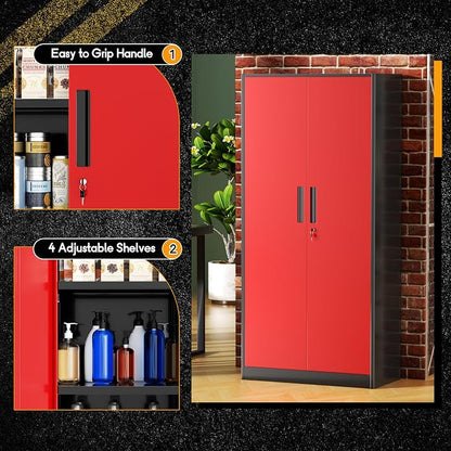 Greenvelly Metal Garage Storage Cabinet with Lock, 72" Metal Storage Cabinet with 2Doors and 4Adjustable Shelves, Steel Tool Cabinet for Home Office, School,Gym (Black&Red)