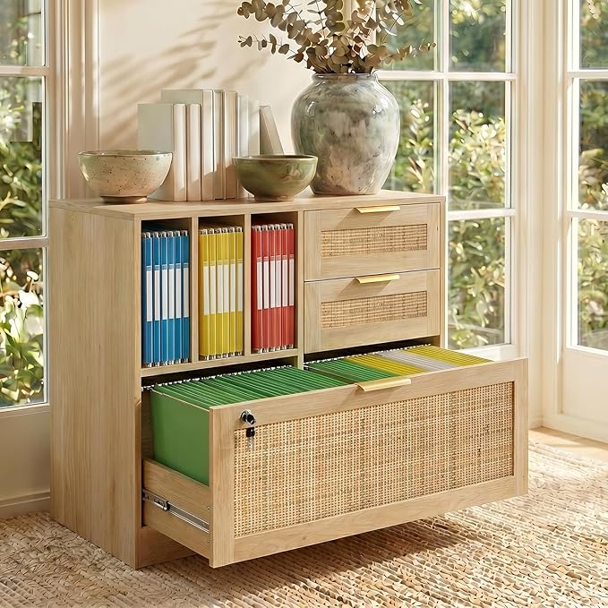 Lateral File Cabinets for Home Office, 3 Drawer and 3 Open Shevles Filing Cabinet with Lock, Wide Rattan Filing Organization Storage Cabinets with Printer Stand for Hanging Files/Letter, Natural Wood