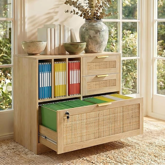 Lateral File Cabinets for Home Office, 3 Drawer and 3 Open Shevles Filing Cabinet with Lock, Wide Rattan Filing Organization Storage Cabinets with Printer Stand for Hanging Files/Letter, Natural Wood