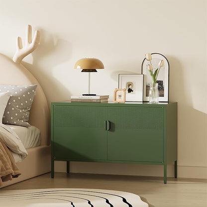 Metal Storage Cabinet,2 Door TV Stand, Metal Mesh Accent Cabinet,Magnetic Door Closure,Low Storage Cabinets with Doors and Shelves