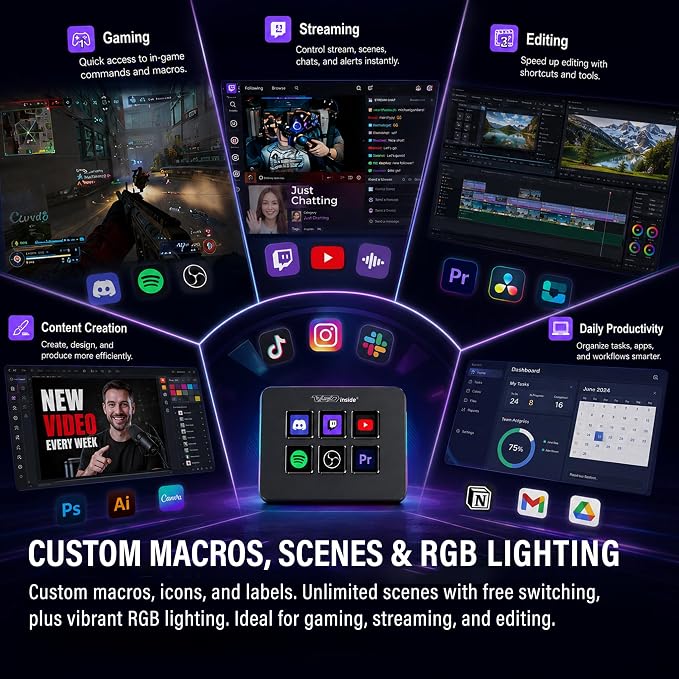 Mini Stream Controller Deck, Gaming Streaming Macro Pad Keypad, Shortcut Keyboard with 6 Programmable LCD Keys, Customizable Icons & RGB Light, USB Soundboard for Video Editing, OBS, PC, Mac