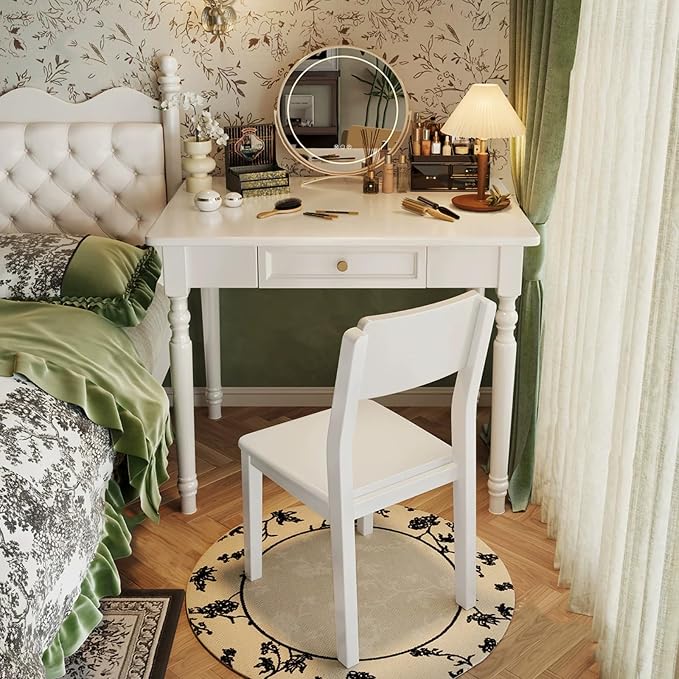 Solid Wooden Desk with Drawers, Small Writing Desk with Drawers for Computer, PC Desk for Work, Study or Gaming, Easy to Assemble (Ivory White, 39in)