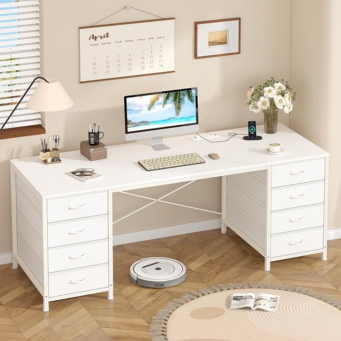YOMILUVE 60 Inch Computer Desk with 8 Drawers, Home Office Desk with Power Outlets, Work Study Gaming Desk with 8 Fabric Drawers
