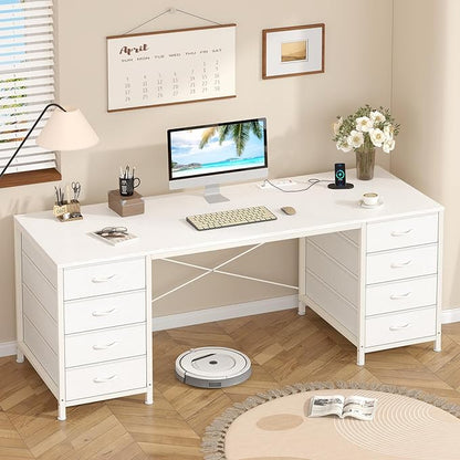 YOMILUVE 60 Inch Computer Desk with 8 Drawers, Home Office Desk with Power Outlets, Work Study Gaming Desk with 8 Fabric Drawers