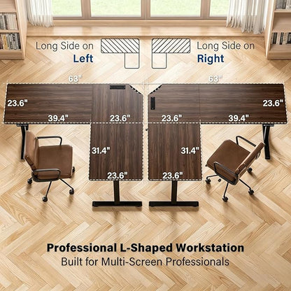 63 x 55 inch L-Shaped Standing Desk, Corner Computer Desk, Electric Standing Desk Adjustable Height, Sit to Stand Ergonomic Workstation for Home Office, Dark Walnut