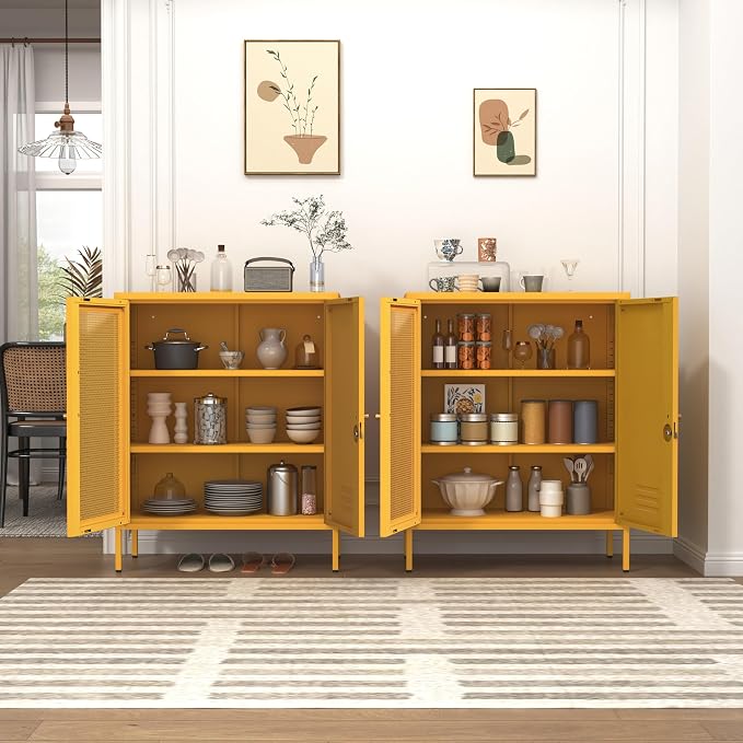 33" Metal Storage Cabinet with 2 Tier Removable Shelves Yellow Lockable Metal Bathroom Vanity Freestanding Sideboard with Mesh Doors for Home Living Room Bedroom Size：33" H X 29.5" W X 13.8" D
