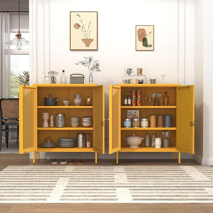 33" Metal Storage Cabinet with 2 Tier Removable Shelves Yellow Lockable Metal Bathroom Vanity Freestanding Sideboard with Mesh Doors for Home Living Room Bedroom Size：33" H X 29.5" W X 13.8" D