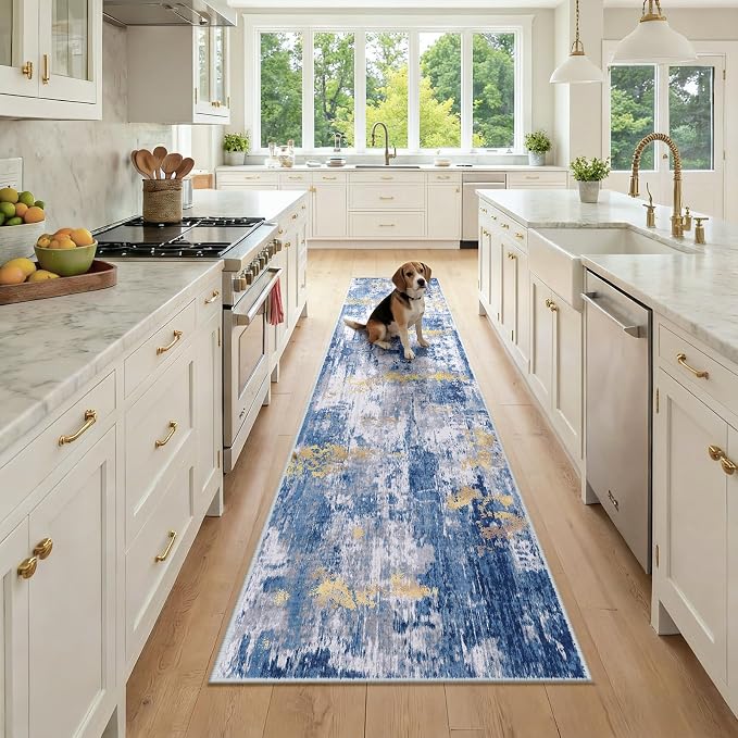 RELEANY Washable Area Rugs 2x9 Non-Slip Modern Abstract Soft for Living Room Entryway Bedroom Kitchen, Print Pattern, Grey Blue Gold/Golden