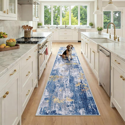 RELEANY Washable Area Rugs 2x9 Non-Slip Modern Abstract Soft for Living Room Entryway Bedroom Kitchen, Print Pattern, Grey Blue Gold/Golden