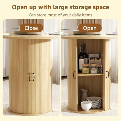 31.5 inch Round Dining Table for 2, Small Dinner Table with 2-Layer Storage Shelf, Morden Circle Kitchen Table with Wood Strip Base and Slide Door for Home Dining Room, Living Room, Natural
