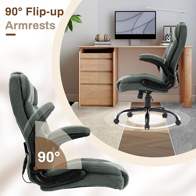 Massage Office Chair,500LBS Ergonomic Rocking Executive Desk Chairs with 4 Points Vibration&Heat,Padded Flipup Armrests for Big and Tall Office Chair,Swivel Computer Chair Fabric DarkGreen