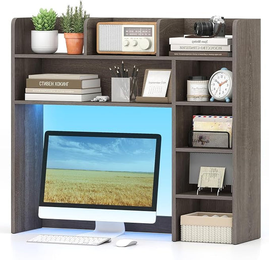 Tangkula Desktop Bookshelf with LED Lights, Desk Hutch with 8 Shelves for Max 25" Monitor, Desktop 5-Tier Display Rack, Multipurpose Wood Desktop Storage Hutch Organizer for Dorm Office Home (Grey)
