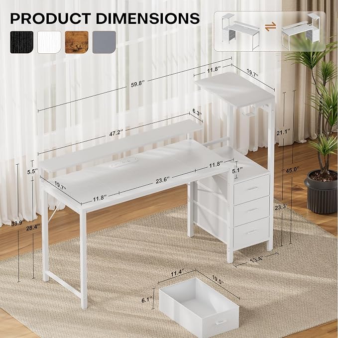 HLDIRECT 60 inch Gaming Desk with 3 Fabric Drawers & Side Hooks-Reversible Home Office Computer Desk with Power Outlets & Led Lights, Gamer Desk Table with Monitor Stand, White