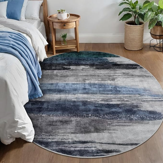 Ciicool 6ft Round Washable Rug, Modern Abstract Circle Rugs, Non-Slip Thin Low-Pile Rug Navy Grey Circular Print Distressed Carpet for Bedroom Living Room Under Dining Table Home Office Decor