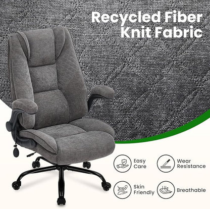 CIOMAN 500lbs Big and Tall Office Chair with Inflatable Lumbar Support for Back Pain, Executive Office Chair with Flip Up Arms and Rocking Function, Wide Cushion Computer Chair for All-Day Sitting
