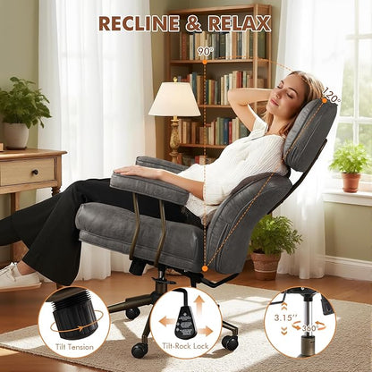 Faux Leather Executive Office Chair - Big and Tall Ergonomic Home Office Chair,Computer Desk Chairs with Lumbar Support,Adjustable Task Swivel Rolling PC with Wheels,Suede,Grey
