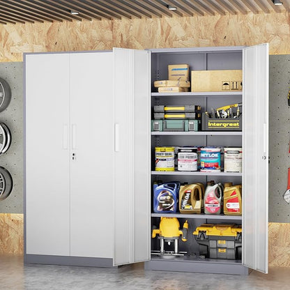 INTERGREAT Metal Storage Cabinet, 72" Locking Steel Cabinets with 2 Door and 4 Adjustable Shelves, Tall Metal Cabinet for Home Office, Garage, Warehouse, New Grey