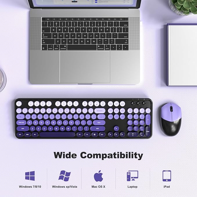 Wireless Keyboard and Mouse Combo, 2.4GHz Gradient Colorful Full-Size Retro Typewriter Keyboard with Wireless Mouse for PC/Desktop/Laptop/Windows (Black Purple)