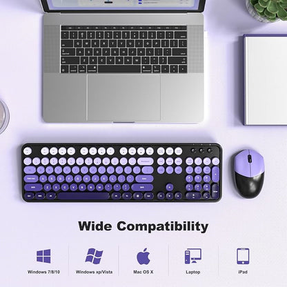 Wireless Keyboard and Mouse Combo, 2.4GHz Gradient Colorful Full-Size Retro Typewriter Keyboard with Wireless Mouse for PC/Desktop/Laptop/Windows (Black Purple)