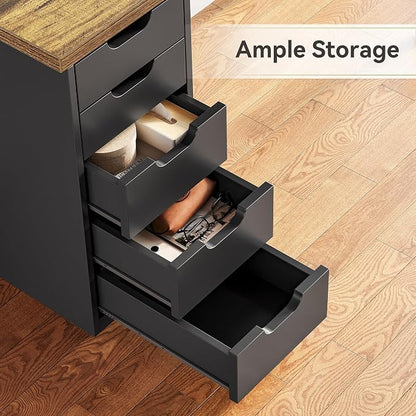 LITTLE TREE Computer Desk with 5 Drawers, 47 Inch Modern Simple Study Writing Desk with Metal Frame, Work Desk for Home Office, Rustic Brown and Black