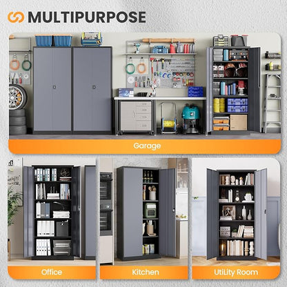 Metal Garage Storage Cabinets with Lock, 71" Tall Tool Cabinet with 2 Door and 4 Adjustable Shelves, Locking Garage Cabinets and Lockable Steel Locker for Home Office Warehouse-(Black Gray-71”H)