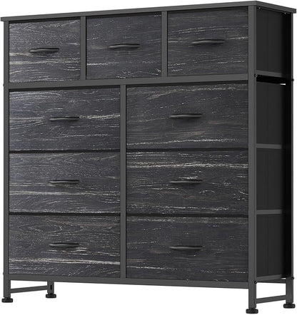 DUMOS 9 Drawer Dresser for Bedroom, Fabric Storage Organizer with Sturdy Metal Frame, Wooden Top Chest of Drawers for Closet Entryway Guest Room,Black Wood