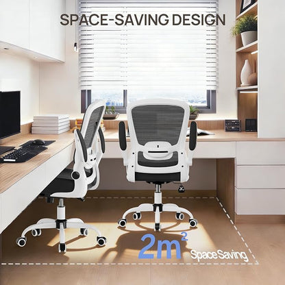 Mimoglad Ergonomic Office Chair - Desk Chair with Flip-up Armrests & 135° Recline, Adjustable Lumbar Support - Space-Saving Task Chair for Business/Team Office & Home (White Frame-Black, 350lbs)