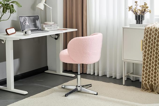 VINGLI Cute Small Swivel Desk Chair Comfy no Wheels,Ergonomic Low-Back Lumbar Support Vanity Nail Tech Computer Task Stool Girls Women Kids Chair for Home Office,Height Adjustable,Teddy Fleece,Pink