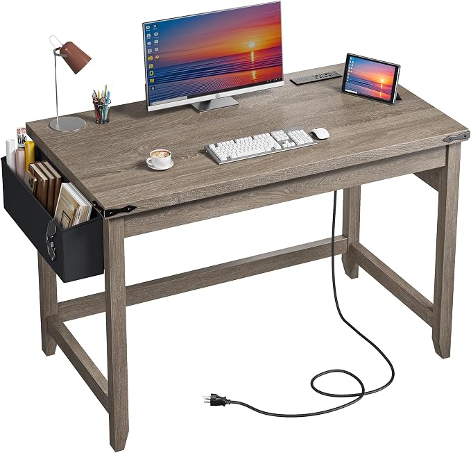 EnHomee 40 Inch Small Desk with Storage Bag Detachable,Study Desk with Power Outlet, Modern Simple Home Vanity Desk and Writing Desk for Small Spaces, Bedroom,Ash Gray