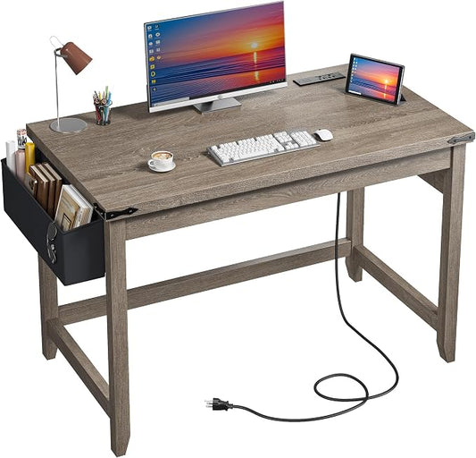 EnHomee 40 Inch Small Desk with Storage Bag Detachable,Study Desk with Power Outlet, Modern Simple Home Vanity Desk and Writing Desk for Small Spaces, Bedroom,Ash Gray